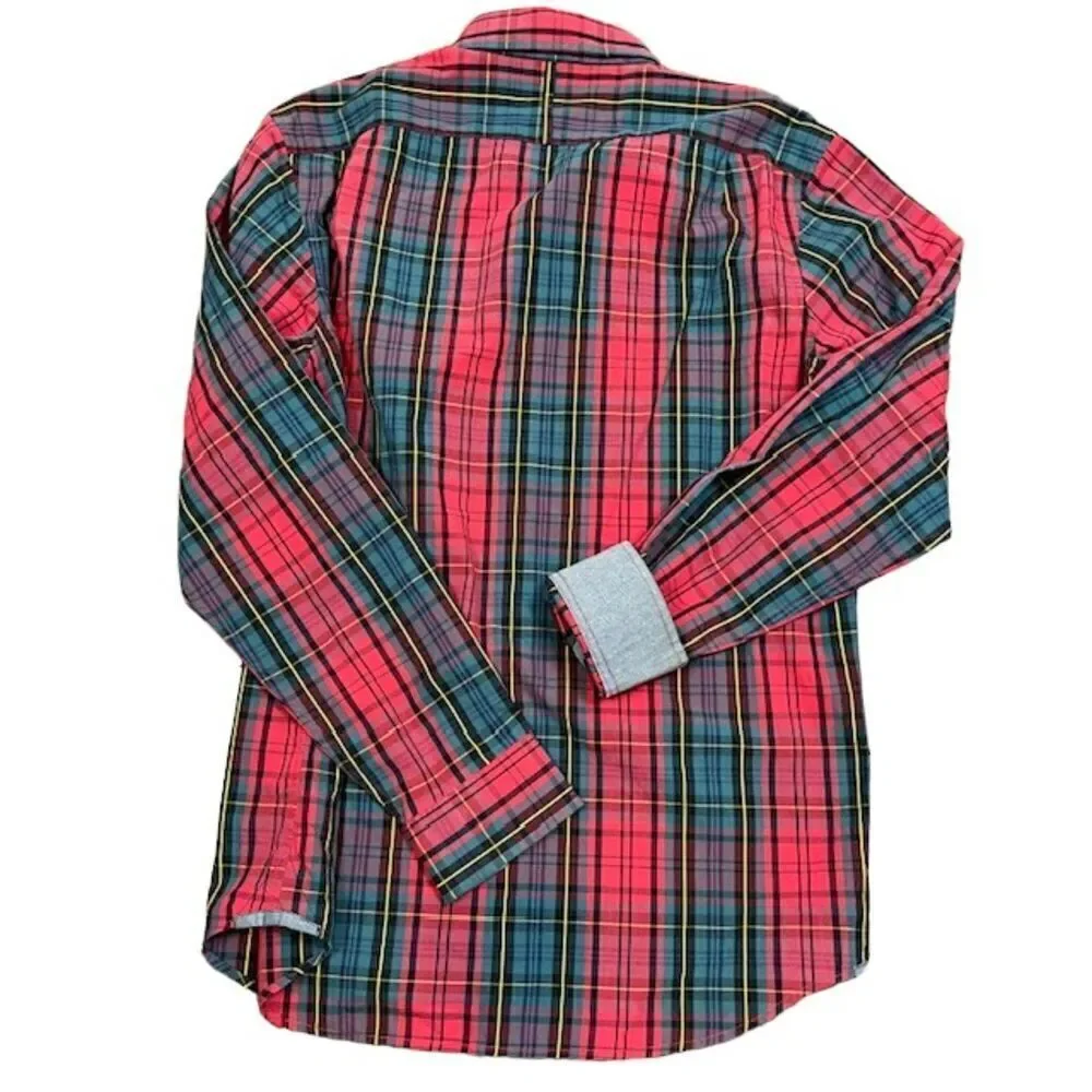 Banana Republic Men's Plaid‎ Button Down Shirt Contrast Cuff Red Green Medium